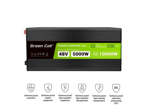 GREEN CELL PRZETWORNICA LCD 48V/230V 5000W/10000W CZYSTY SINUS INVGC48P5000LCD