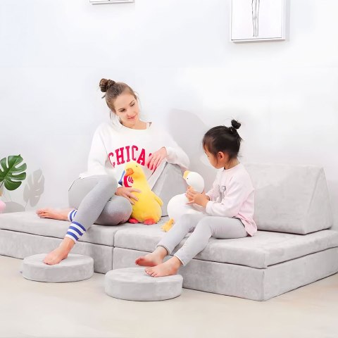 Sofa składana modułowa dla dzieci duża 2 osobowa DIY 8 miękkich poduch - szara ECOTOYS