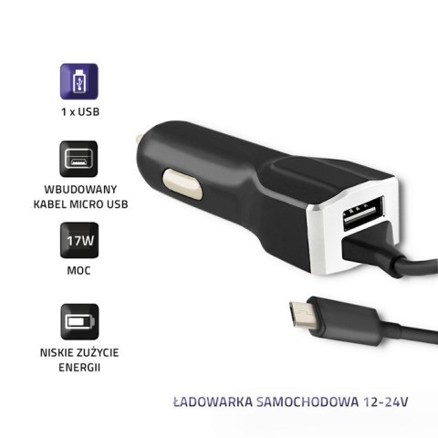 Qoltec Ładowarka samochodowa 12-24V | 17W | 5V | 3.4A | USB + kabel Micro USB