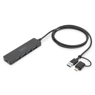 Hub USB 3.0/Koncentrator DIGITUS 4-portowy SlimLine USB A + adapter USB-C 1,2m 5Gbps złącze zasilania USB-C