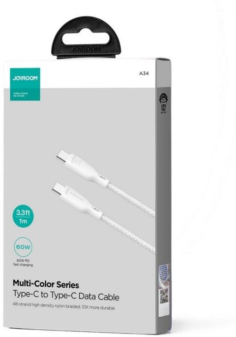 KABEL USB-C / USB-C Joyroom SA34-CC3 100cm 60W 5A PD W OPLOCIE BIAŁY