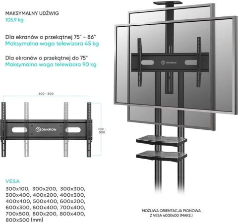 Mobilny stojak do TV 50"-86" do 90 kg ONKRON TS1881 Czarny