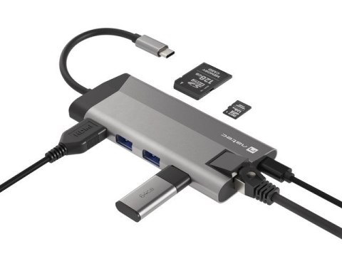 MULTIPORT ADAPTER NATEC FOWLER PLUS USB-C 8W1 HUB -> USB 3.0 3X, HDMI 4K, USB-C PD, RJ45, SD, MICRO