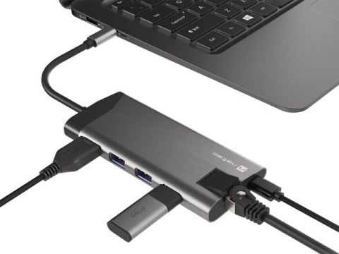 MULTIPORT ADAPTER NATEC FOWLER PLUS USB-C 8W1 HUB -> USB 3.0 3X, HDMI 4K, USB-C PD, RJ45, SD, MICRO