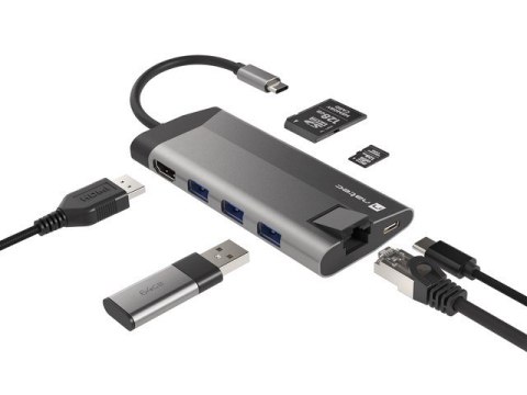 MULTIPORT ADAPTER NATEC FOWLER PLUS USB-C 8W1 HUB -> USB 3.0 3X, HDMI 4K, USB-C PD, RJ45, SD, MICRO