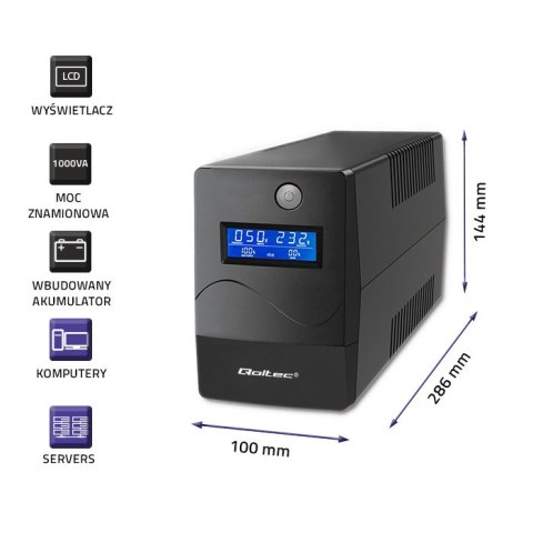 Qoltec Zasilacz awaryjny UPS | Monolith | 1000VA | 600W | LCD | USB | RJ45