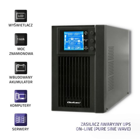 Qoltec Zasilacz awaryjny UPS | On-line | Pure Sine Wave | 1kVA | 800W | LCD | USB