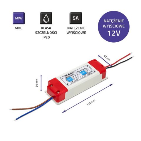 Qoltec Zasilacz impulsowy LED IP20 | 60W | 12V | 5A