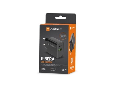 NATEC ŁADOWARKA SIECIOWA RIBERA USB-A + USB-C 20W POWER DELIVERY CZARNA NUC-2062