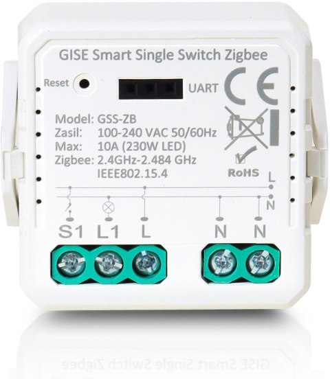 GISE Smart Single Switch no neutral Zigbee | Pojedynczy moduł przekaźnikowy bez N Zigbee | GSS-ZB-NN