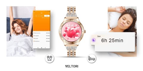 Smartwatch Damski Veltori VT350-1 Złota Bransoleta + Różowy Pasek Silikonowy