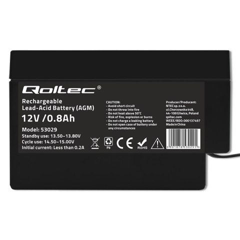 Qoltec Akumulator AGM | 12V | 0.8Ah | max. 12A