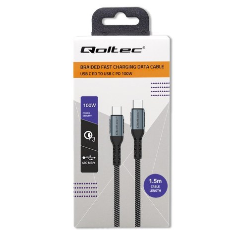 Qoltec Kabel USB 2.0 typ C | USB 2.0 typ C 100W | QC 3.0 | PD | 1.5m | Czarny