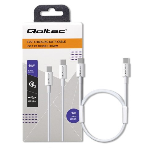 Qoltec Kabel USB 2.0 typ C | USB 2.0 typ C 60W | QC 3.0 | PD | 1m | Biały