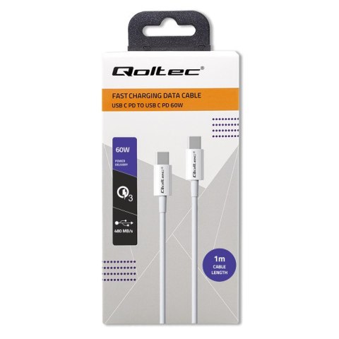 Qoltec Kabel USB 2.0 typ C | USB 2.0 typ C 60W | QC 3.0 | PD | 1m | Biały