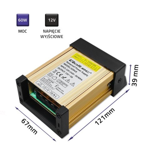 Qoltec Zasilacz impulsowy LED IP45 | 60W | 12V | 5A | Wodoodporny