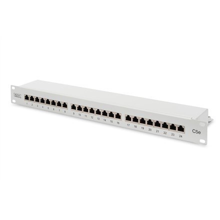 Panel krosowy 19'' 24x RJ45, LSA poziom, kat.5e, ekranowany, 1U, szary, prowadnica kabli