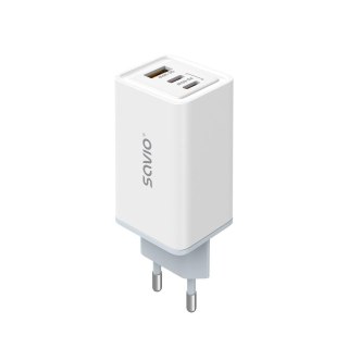 Ładowarka sieciowa 65W Savio GaN LA-07 z kablem USB-A- USB typ C 1 m, biała