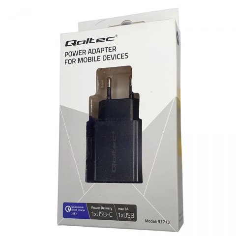 Qoltec Ładowarka sieciowa 18W | 5-12V | 1.5-3A | USB typ C PD | USB QC 3.0 | Czarna