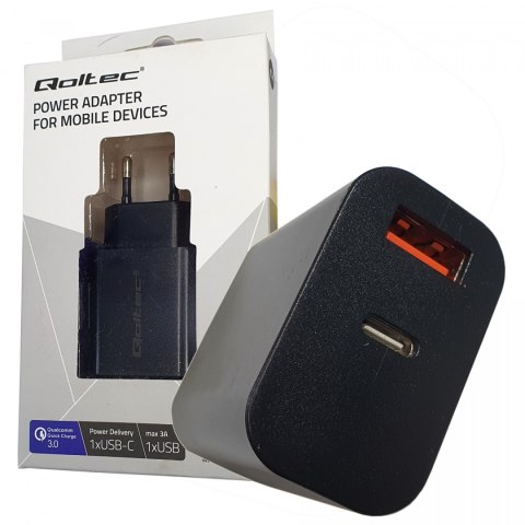 Qoltec Ładowarka sieciowa 18W | 5-12V | 1.5-3A | USB typ C PD | USB QC 3.0 | Czarna