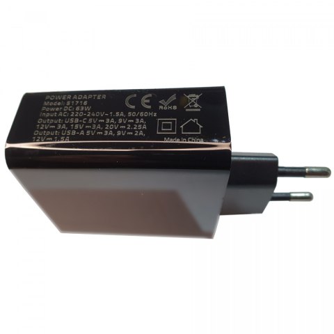 Qoltec Ładowarka sieciowa 63W | 5-20V | 1.5-3A | USB typ C PD | USB QC 3.0 | Czarna