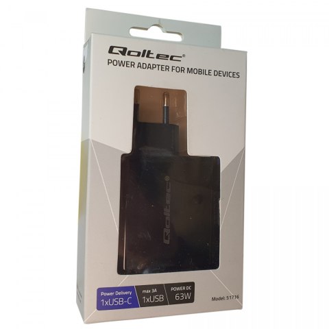 Qoltec Ładowarka sieciowa 63W | 5-20V | 1.5-3A | USB typ C PD | USB QC 3.0 | Czarna