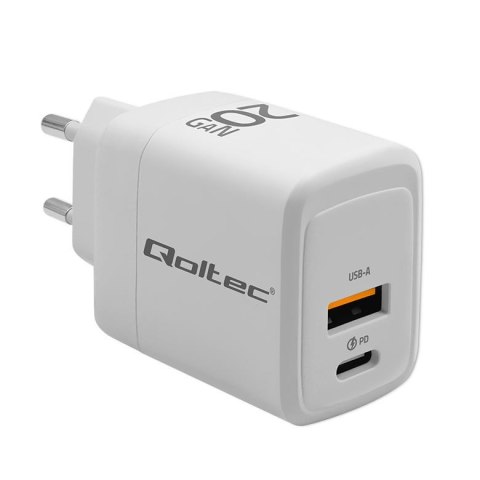 Ładowarka sieciowa Qoltec 20W GaN | 5-20V | 1.5-3A | 1xUSB-C PD | 1xUSB QC 3.0 | Biała