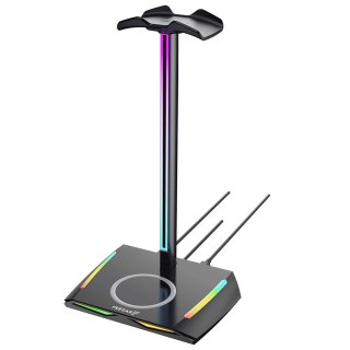 Stojak na słuchawki Feegar Hold, podświetlanie RGB, Hub 2x USB Typ-C, 1x USB 2.0, indukcja