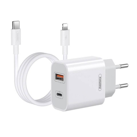 Ładowarka sieciowa Remax, RP-U68, USB-C, USB, 20W (biała) + kabel Lightning