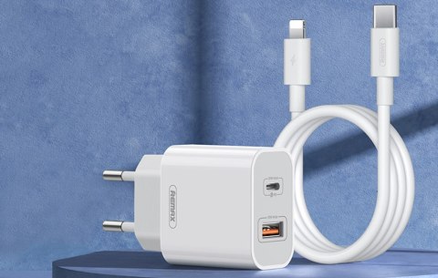 Ładowarka sieciowa Remax, RP-U68, USB-C, USB, 20W (biała) + kabel Lightning