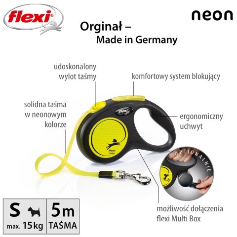 Smycz flexi automatyczna New Neon S taśma 5 m - dla psa do 15 kg, kolor żółty