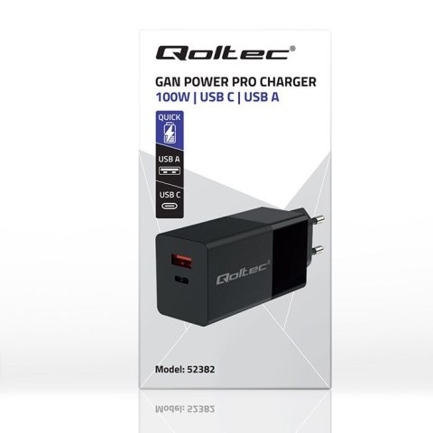 QOLTEC ŁADOWARKA GAN POWER PRO | 1XUSB-C | 1XUSB | 100W | 5-20V | 1.5-5A | PD | CZARNA