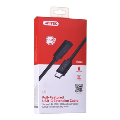 UNITEK PRZEDŁUŻACZ USB-C 10GBPS, 4K60HZ, PD 100W, 1,5M, C14086BK-1.5M