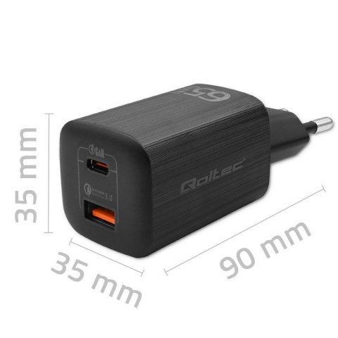 QOLTEC ŁADOWARKA SIECIOWA 65W GAN ULTRA | 5-20V | 2.25-3.25A | 1 X USB TYP C PD | 1 X USB QC 3.0 | CZARNA