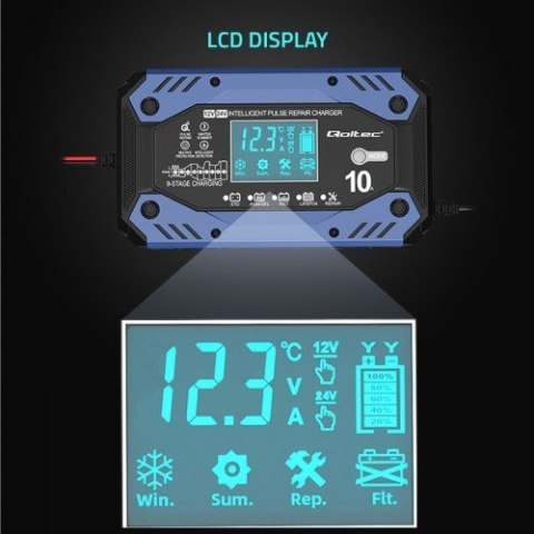 QOLTEC ŁADOWARKA DO AKUMULATORA STD AGM GEL LIFEPO4 | PROSTOWNIK Z FUNKCJĄ NAPRAWY | 12-24V | 10A | LCD|9-STOPNIOWE ŁADOWANIE