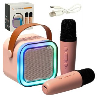 Zestaw do karaoke 2 mikrofony + głośnik przenośny BLUETOOTH USB LED różowy