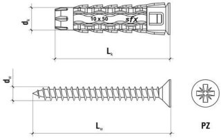 Kołek uniwersalny 6x30/50, wkręt z łbem stożkowym, blister (SFXP-06030050 x 12szt.)