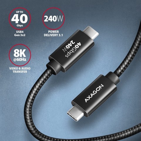 AXAGON BUCM4X-CM10AB USB-C do USB-C, USB4 Gen 3×2, 1 m, PD 240W, 8K HD, ALU, w oplocie - czarny