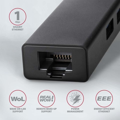 AXAGON HMA-GL3A Hub wieloportowy, USB 3.0 Typ-A, Gbit-LAN, 3x USB-A, microSD