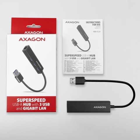 AXAGON HMA-GL3A Hub wieloportowy, USB 3.0 Typ-A, Gbit-LAN, 3x USB-A, microSD