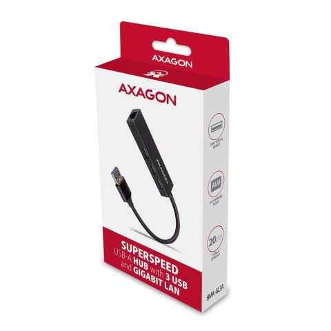 AXAGON HMA-GL3A Hub wieloportowy, USB 3.0 Typ-A, Gbit-LAN, 3x USB-A, microSD