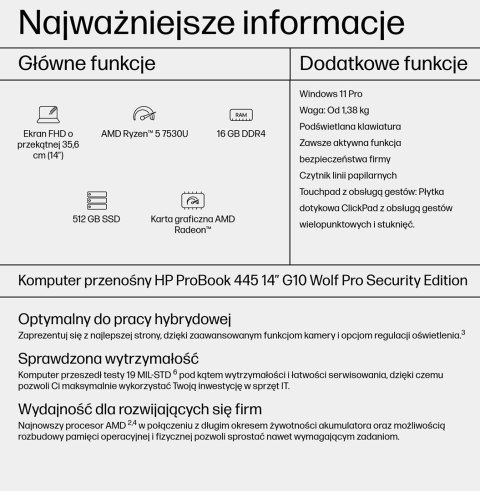 HP ProBook 445 G10 Ryzen5 7530U 14''FHD AG IPS 16GB SSD512 Radeon RX Vega 7 BLK 51Wh W11Pro 3Y OnSite