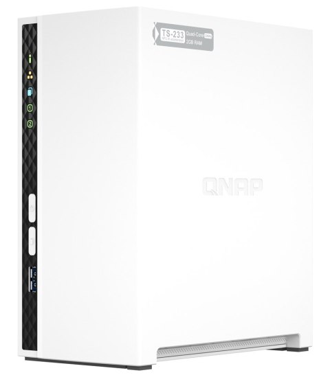 Qnap TS-233, Tower, 2 x 2.5"/3.5" SATA, ARM 2.0GHz Quad core, 2GB, 1 x 1GbE, External adapter (PSU)