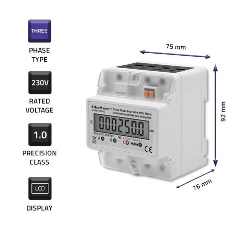 QOLTEC LICZNIK ZUŻYCIA ENERGII TRÓJFAZOWY NA SZYNĘ DIN | 230V | LCD | 4P