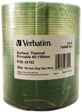 CD-R Verbatim 700MB 52x Thermal Printable No ID Brand (Wrap 100)