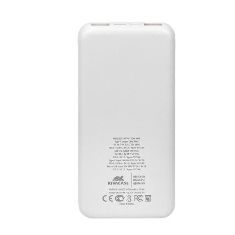 RIVACASE POWERBANK 10.000 MAH USB-C 20W + QI 10W, 1X WE/WY USB-C 20W, 2X USB-A QC18W, WEJŚCIE MICRO-USB,INDUKCJA QI 10W,BIAŁY