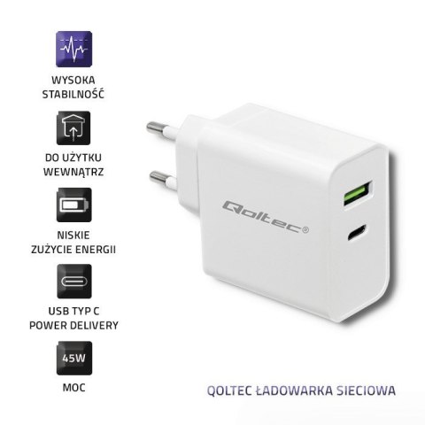 QOLTEC ŁADOWARKA SIECIOWA 42W | 5-20V | 2.4-3A | USB TYP C PD | USB | BIAŁA