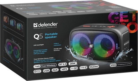 GŁOŚNIK DEFENDER Q5 BLUETOOTH 5.3 20W LED/BT/FM/USB/TWS