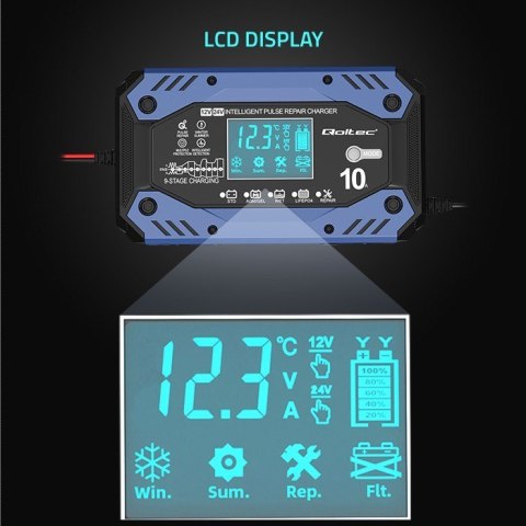 Qoltec 52482 Inteligentna ładowarka do akumulatora STD AGM GEL LiFePO4 | Prostownik z funkcją naprawy |12-24V |10A | LCD | 9 - s