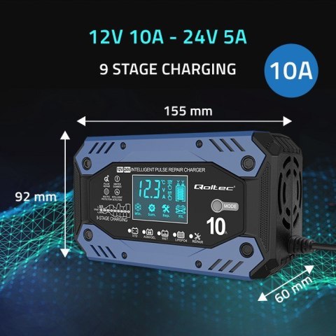 Qoltec 52482 Inteligentna ładowarka do akumulatora STD AGM GEL LiFePO4 | Prostownik z funkcją naprawy |12-24V |10A | LCD | 9 - s